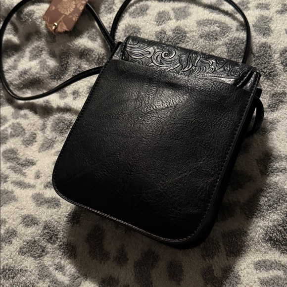Black Embossed Crossbody Bag Southwest Western Boho Style with Turquoise Accents - Picture 5 of 5